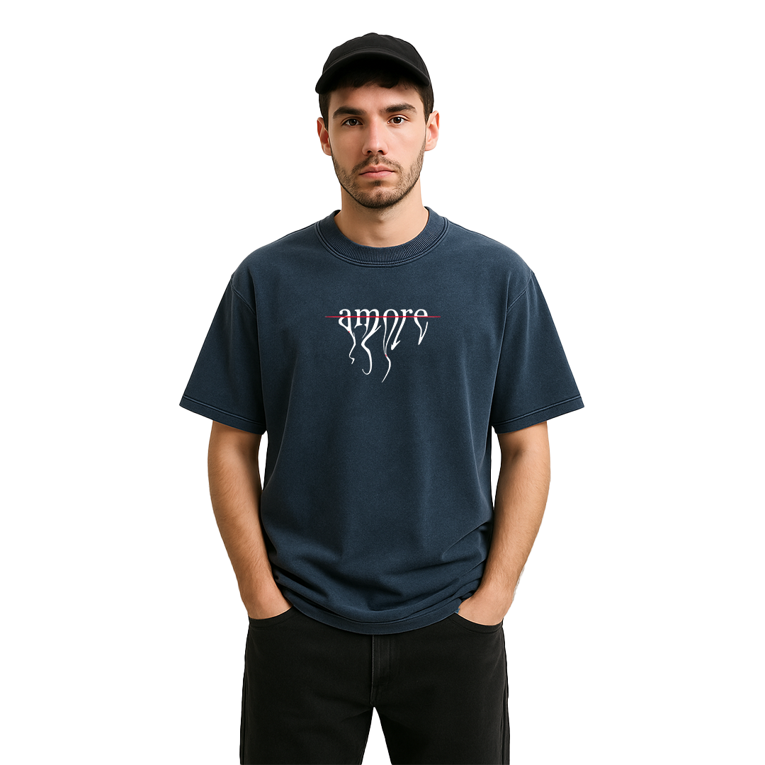 "AMORE" Acidwash Blue Oversized Tee